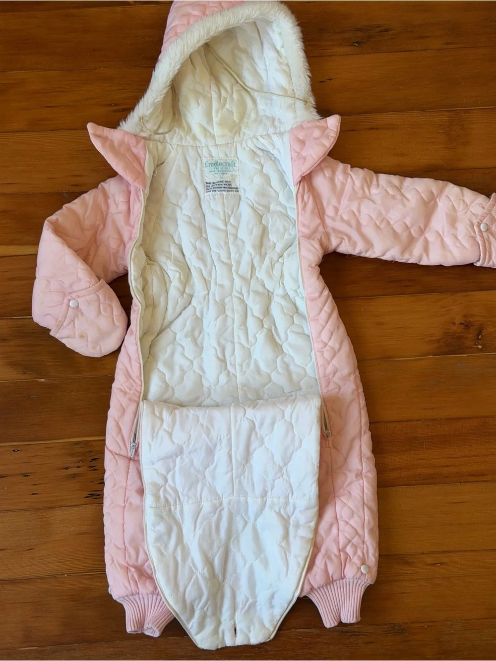 Vintage Cradlecraft Quilted Hooded Baby Snowsuit in Light Pink Size L